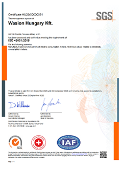 Certificate ISO 45001 Wasion Hungary Kft.